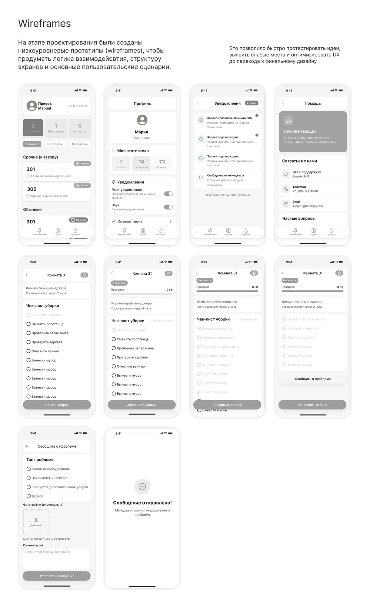 Hotel APP — вайрфреймы: список задач, профиль, уведомления, помощь, чек-лист, «Сообщить о проблеме»